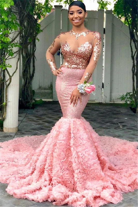 Epic Deals Beautiful Round Neck Sequins Mermaid Long Sleevess Tulle Prom Dresses