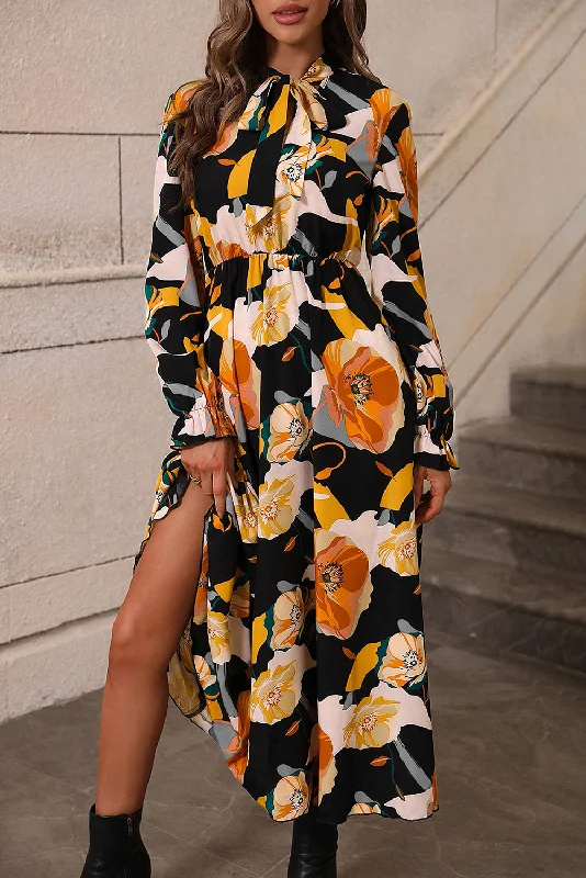 Discount Extravaganza Orange Floral Print Tie Neck Long Sleeve Dress