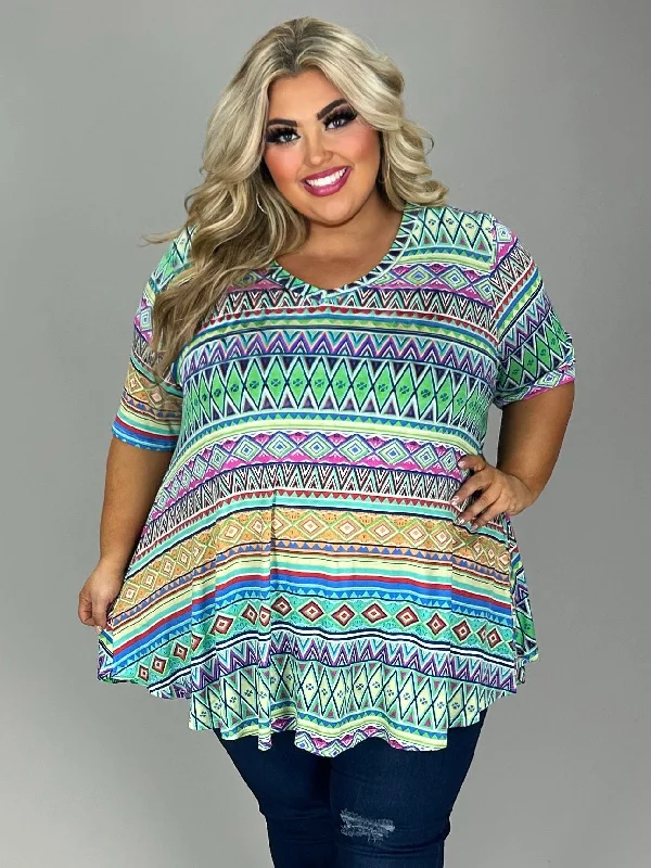 stylish party dress66 PSS {Always Happy} Blue/Multi-Color Geo Print V-Neck Tunic EXTENDED PLUS SIZE 3X 4X 5X