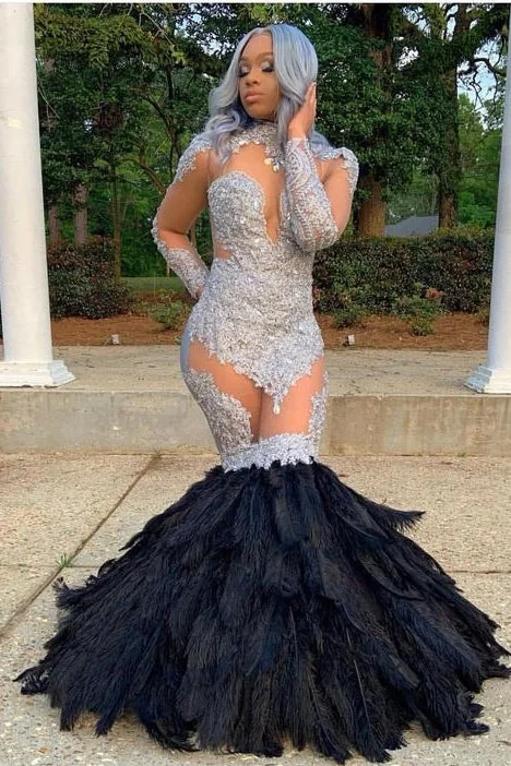 Price Blitz Long Sleevess Lace Appliques Illusion Fur Train Mermaid Silver Prom Dresses