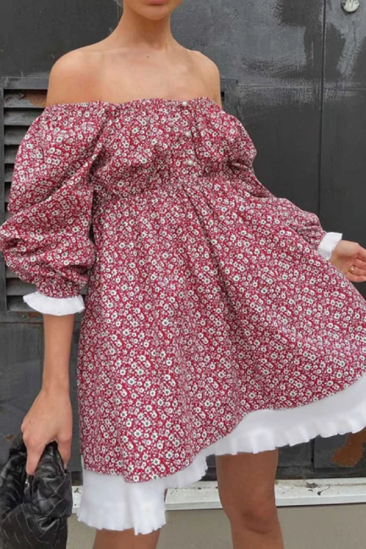 Bargain Prices wrap dressPuff Sleeve Off-Shoulder Floral Babydoll Dress