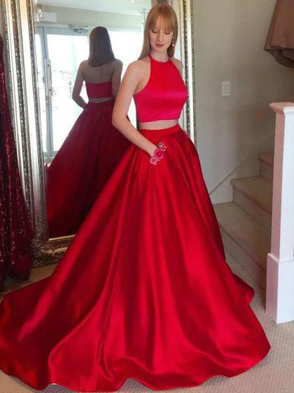 Seasonal Clearance Red Two Piece Prom Dresses Halter Simple Embroidery Long Prom Dress with Pockets JKL1101 Seasonal Clearance Red Two Piece Prom Dresses Halter Simple Embroidery Long Prom Dress with Pockets JKL1101