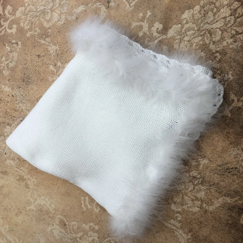Mega Sale modern dressWhite Crochet Blanket with Marabou Trim