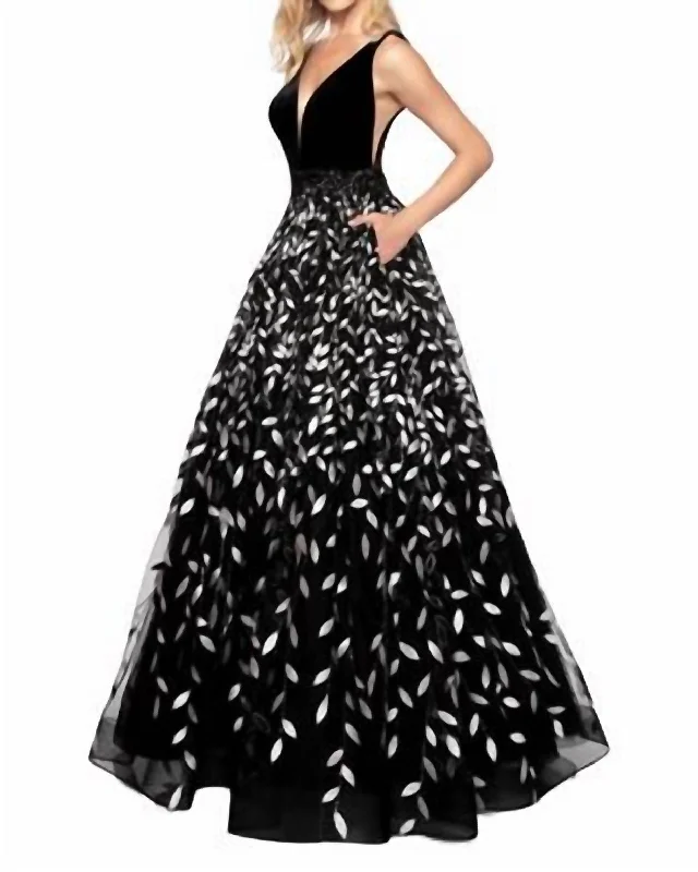 long-sleeve floral dressVelvet Floral Gown In Black