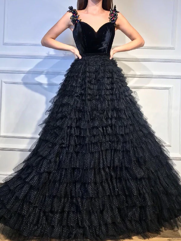 Exclusive Deal Black Prom Dresses Straps A-line Sweep Train Ruffles Lace Butterfly Long Prom Dress JKL1209 Exclusive Deal Black Prom Dresses Straps A-line Sweep Train Ruffles Lace Butterfly Long Prom Dress JKL1209
