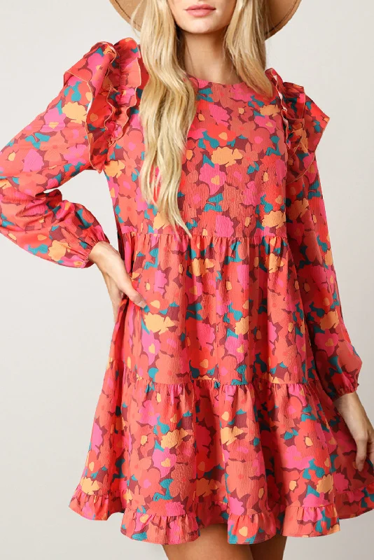 Doorbuster Deal Rose Red Ruffle Shoulder Long Sleeve Floral Mini Dress