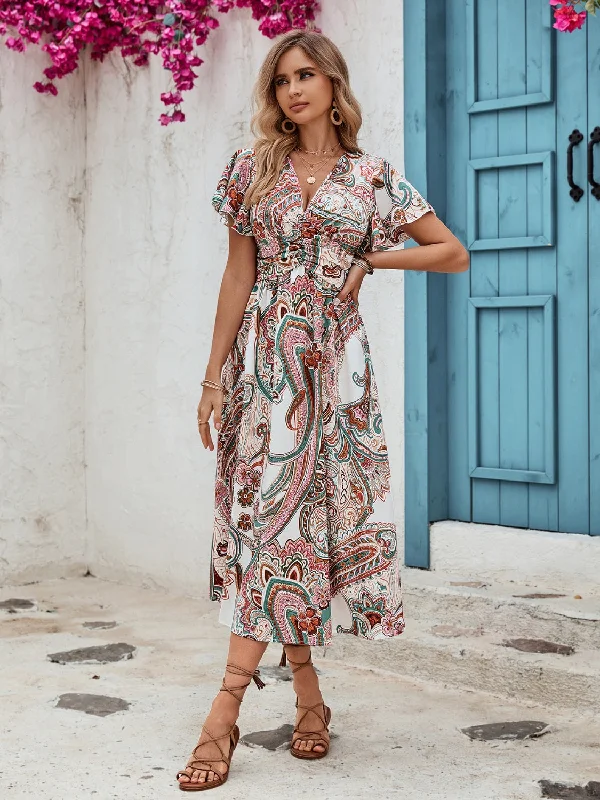 satin midi dressRuched Printed V-Neck Short Sleeve Dress