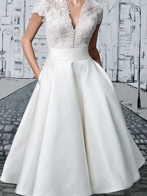 Weekend Flash Sale Short Wedding Dresses V-neck Lace Tea-length Ivory Simple Vintage Bridal Gown JKW258 Weekend Flash Sale Short Wedding Dresses V-neck Lace Tea-length Ivory Simple Vintage Bridal Gown JKW258
