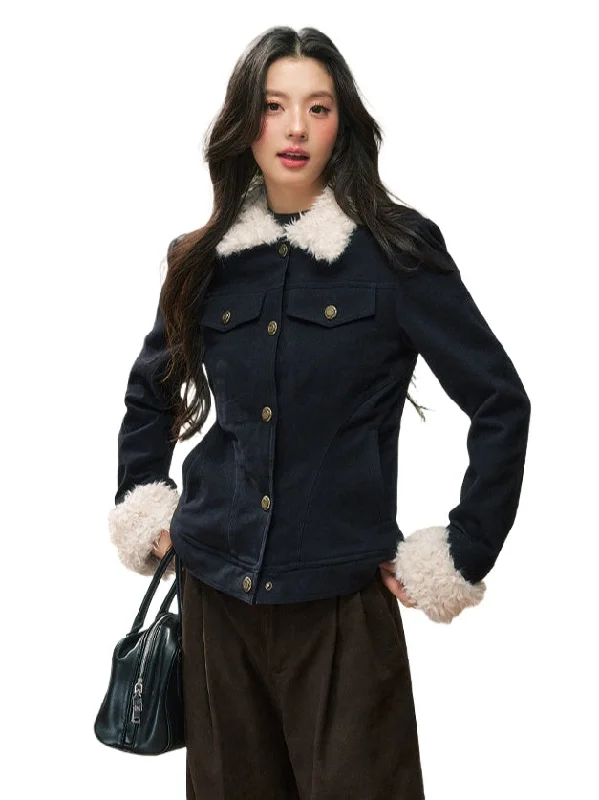 fashion-forward jacketNavy Blue Fur-Collar Short Jacket