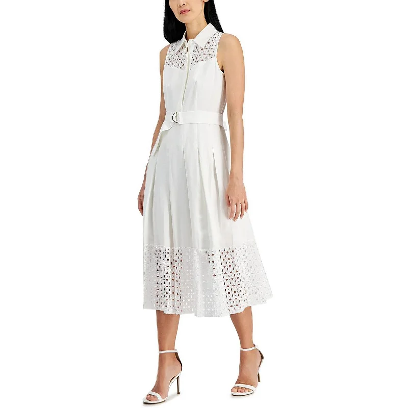 boho-chic dressAnne Klein Womens Linen Blend Eyelet Midi Dress