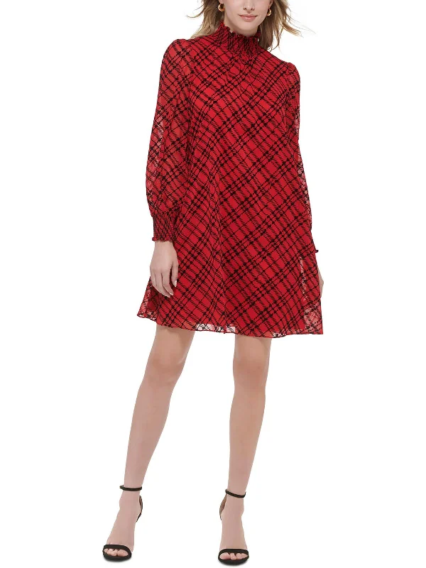 boho-chic dressPetites Womens Flocked Plaid Mini Dress