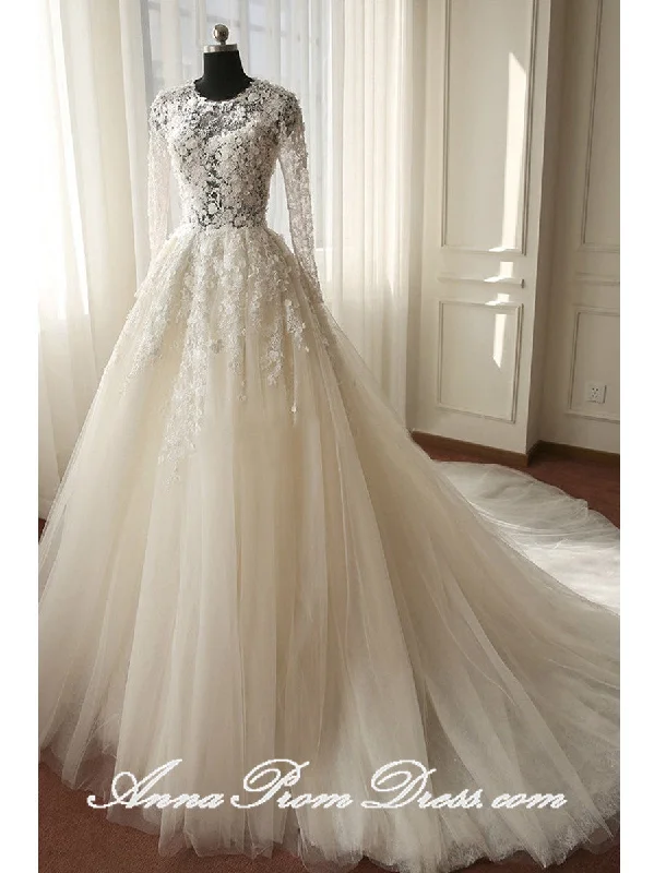 Buy Now Lace Wedding Dresses Scoop A-line Brush Train Long Sleeve Luxury Bridal Gown JKS276 Buy Now Lace Wedding Dresses Scoop A-line Brush Train Long Sleeve Luxury Bridal Gown JKS276