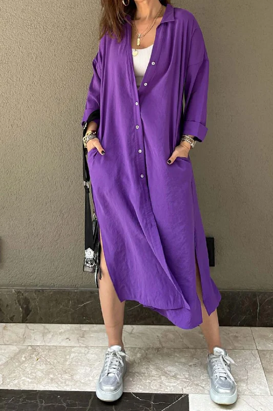 Price Blitz elegant evening dressSolid Color Single-breasted Slit Shirt Dress