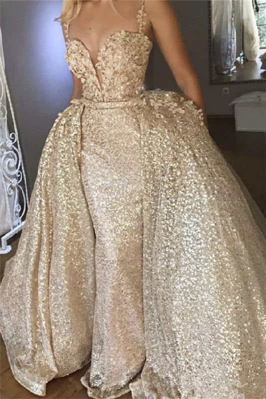 Low Prices Shiny Champagne Sequins V-neck Spaghetti Straps Appliques Prom Dresses With Detachable Skirt Low Prices Shiny Champagne Sequins V-neck Spaghetti Straps Appliques Prom Dresses With Detachable Skirt