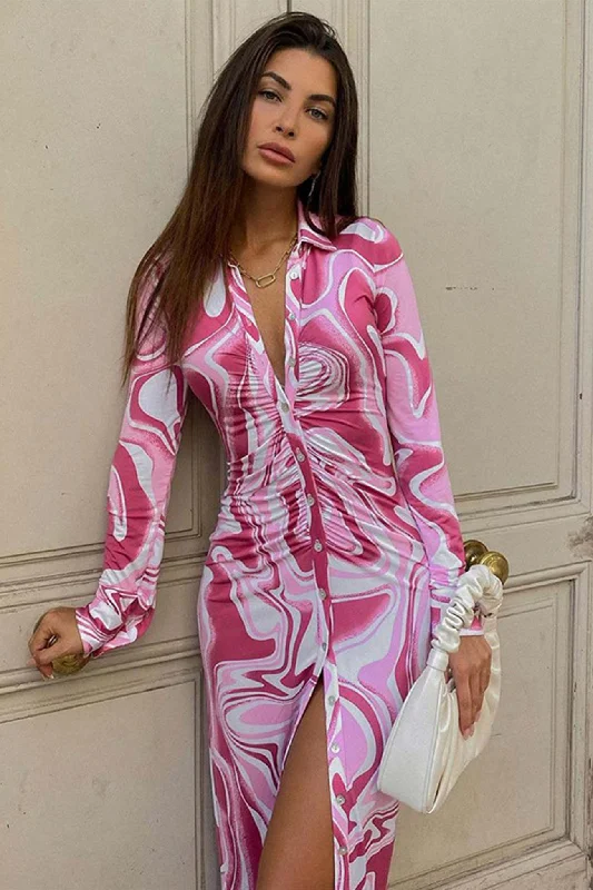Limited Time Discount wrap-around dressRose Red Button-Front Printed Shirt Dress