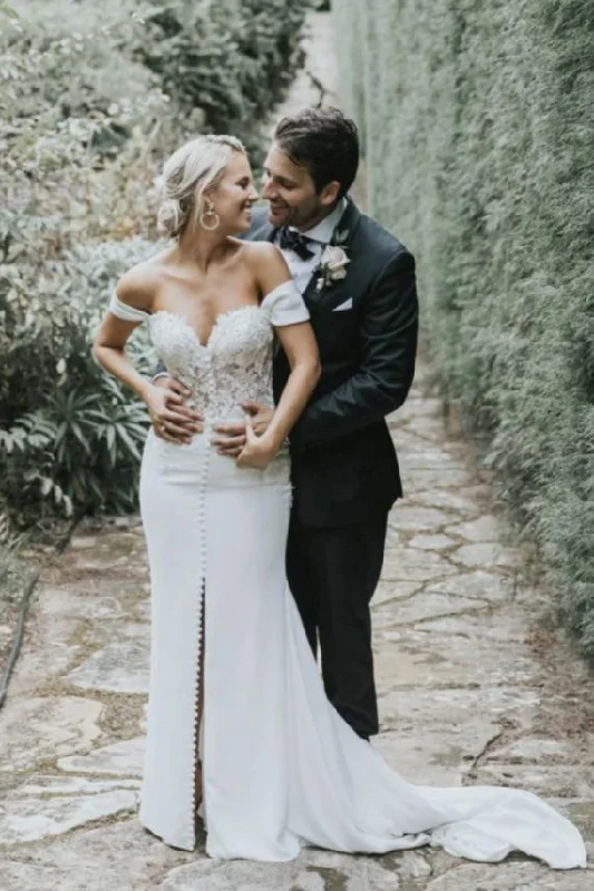 Deal of the Week Off Shoulder Sweetheart A Line Wedding Dress with Split JKM312