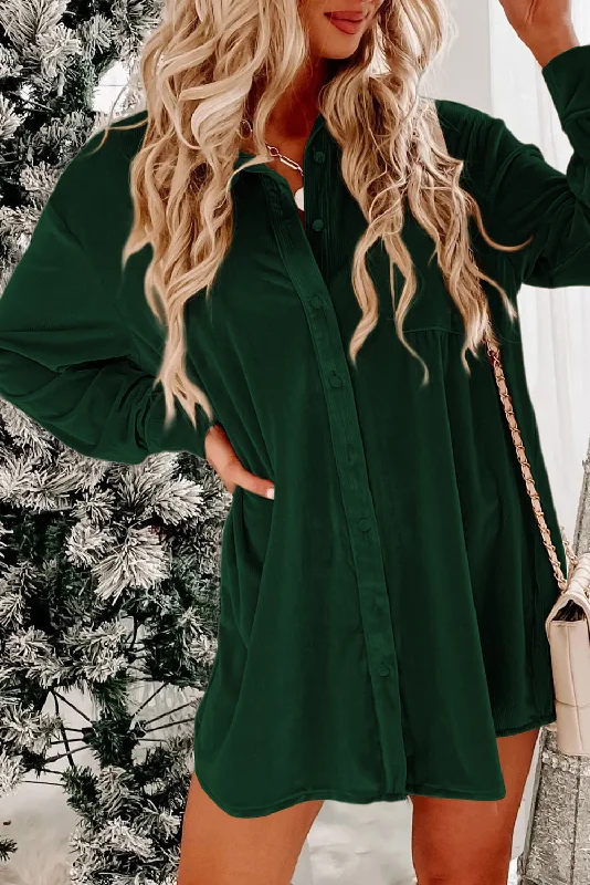 Huge Discounts t-shirt dressBlackish Green Velvet Button Front Shirt Long Sleeve Casual Mini Dress