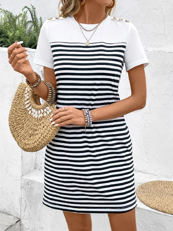 backless dressStriped Round Neck Short Sleeve Mini Tee Dress