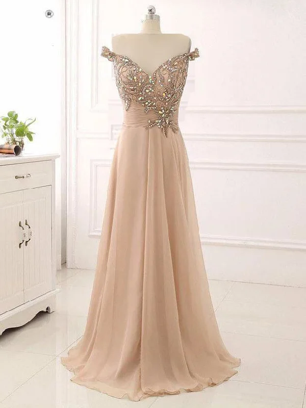 Special Buy A-line Prom Dresses Beading Rhinestone Off-the-shoulder Long Sparkly Prom Dress JKL1103