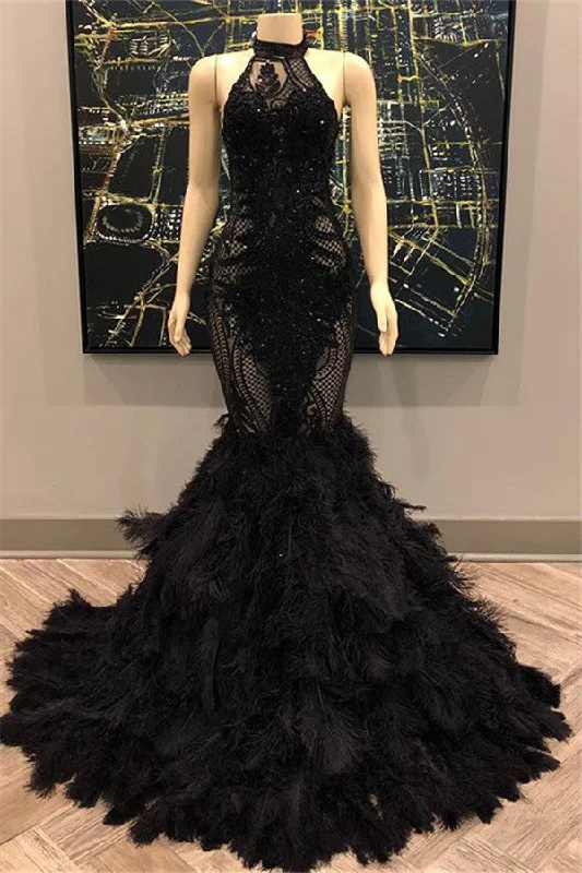 Price Cut Unique Lace Appliques Halter Feather Prom Dresses Sleeveless Alluring Fit and Flare Evening Gowns