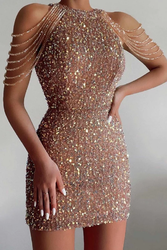Seasonal Sale summer dressFringe Shoulder Sequins Pack Hip Mini Dress