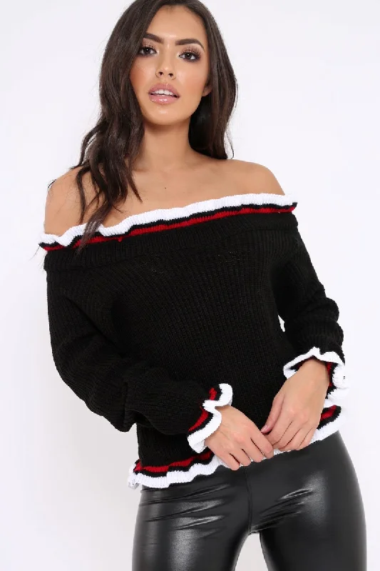 cozy sweatshirtBlack Stripe Bardot Knitted Jumper - Bailey