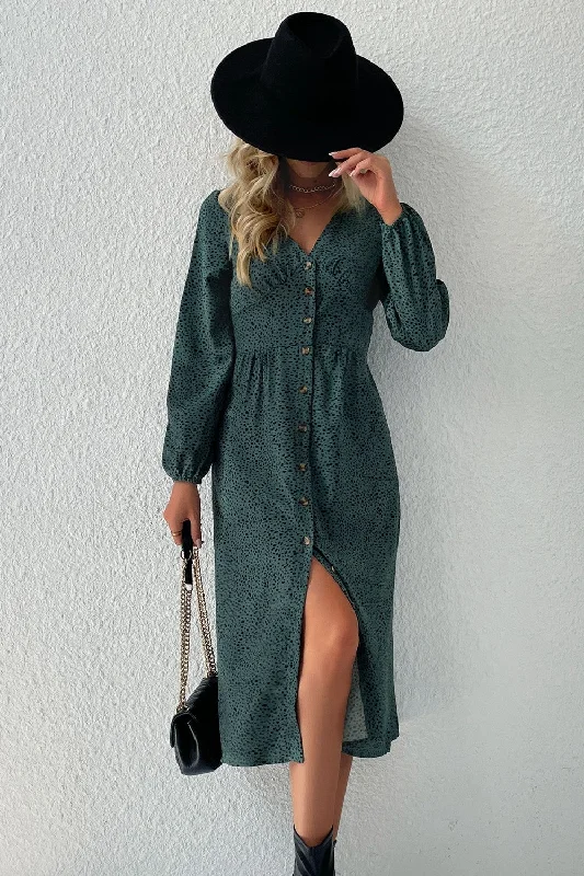 layered dressPrinted Button Down V-Neck Midi Dress