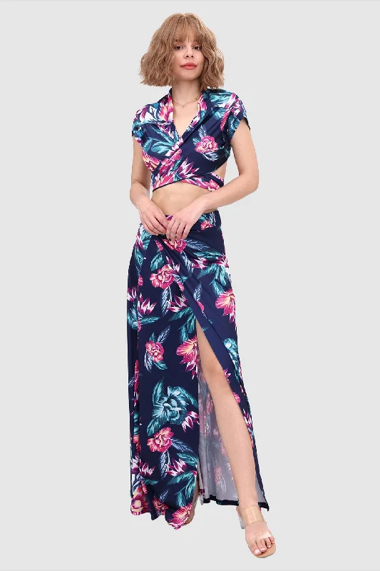 Discount Extravaganza flowy maxi dressV-neck Crop Tied Top & Front Slit Skirt