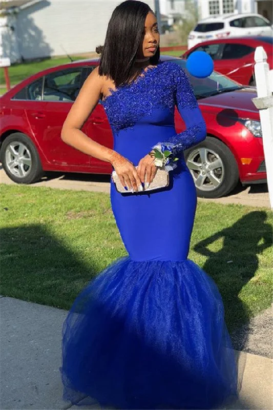 Final Clearance Royal Blue One-Shoulder Appliques Mermaid Evening Gown