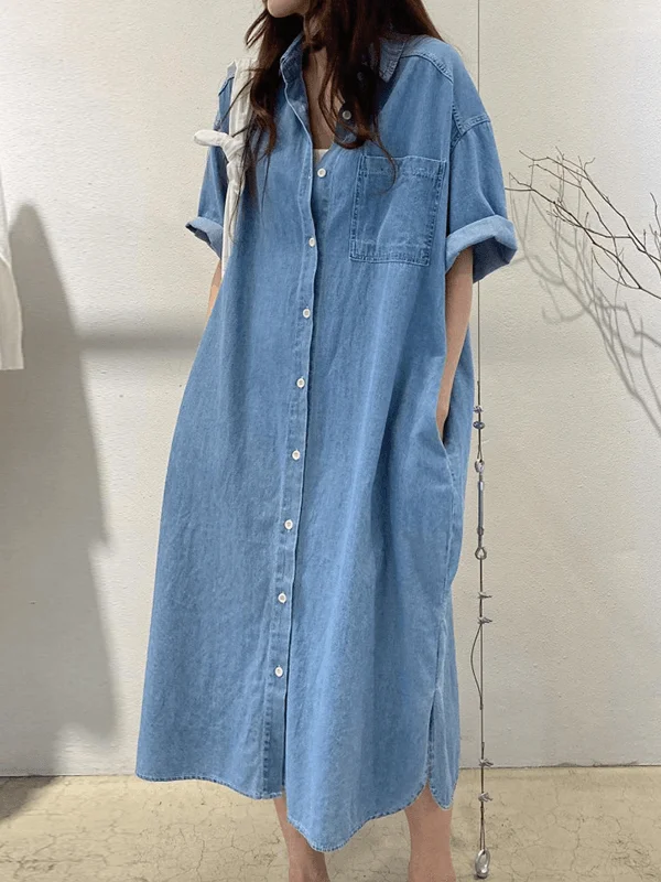 Closeout Sale sleeveless dressVibeMartini-Vintage Lapel Single Breasted Casual Pocket Denim Dress