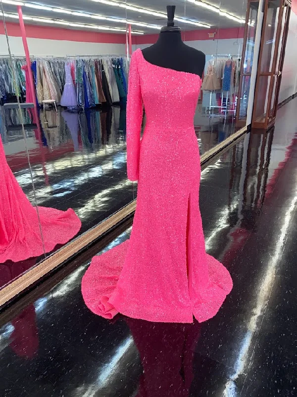 ashionable dressAmarra 87262 Neon Pink Prom Dress Size 16 One Long Sleeve Prom Dress Slit