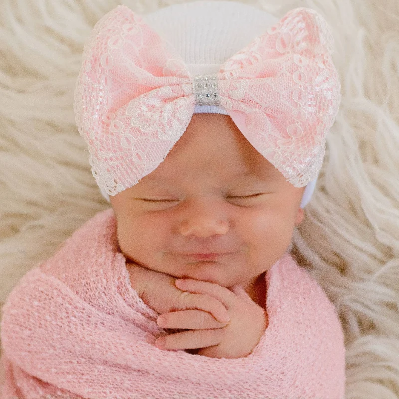 luxury dressPink Lace Bow With Silver Rhinestones White Hospital Hat