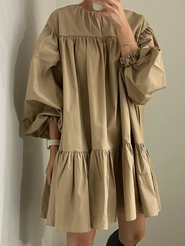 Deal of the Day party-ready dressVibeMartini-Simple Crew Neck Pleated Casual Balloon Sleeve Dress