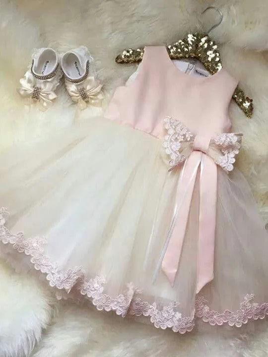 Reduced Prices Flower Girl Dresses Bowknot Long Appliques Satin and Tulle JKF019