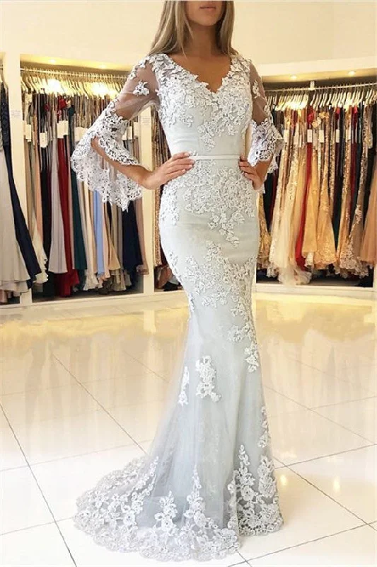 Crazy Deals Classic V-Neck Bell Sleeves Prom Dresses Lace Appliques Mermaid Evening Dresses