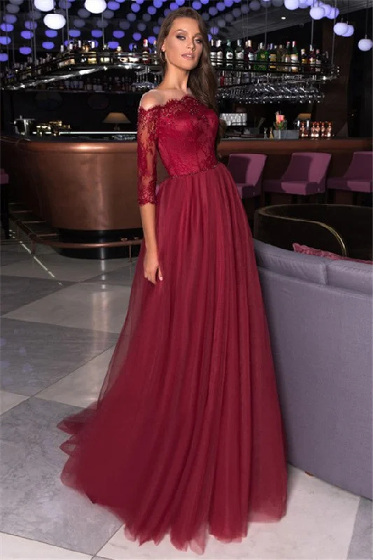 Bonus Savings Lace A-line Bateau Evening Gowns Burgundy Party Dresses