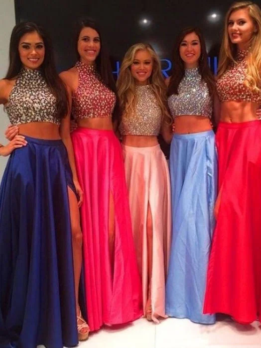 Epic Deals Two Piece Prom Dresses A-line High Neck Long Slit Prom Dress Sexy Evening Dress JKL1125