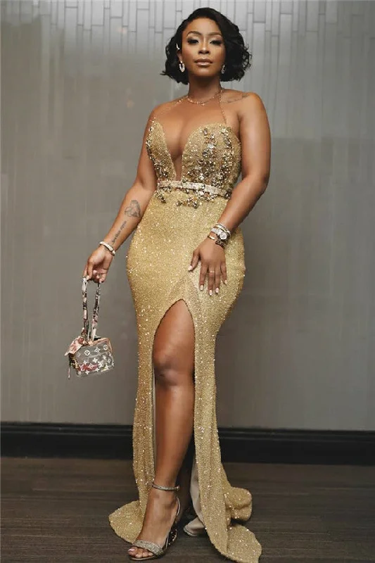 Bargain Prices Beading Mermaid V-neck Evening Dresses Chic Side Slit Prom Dresses