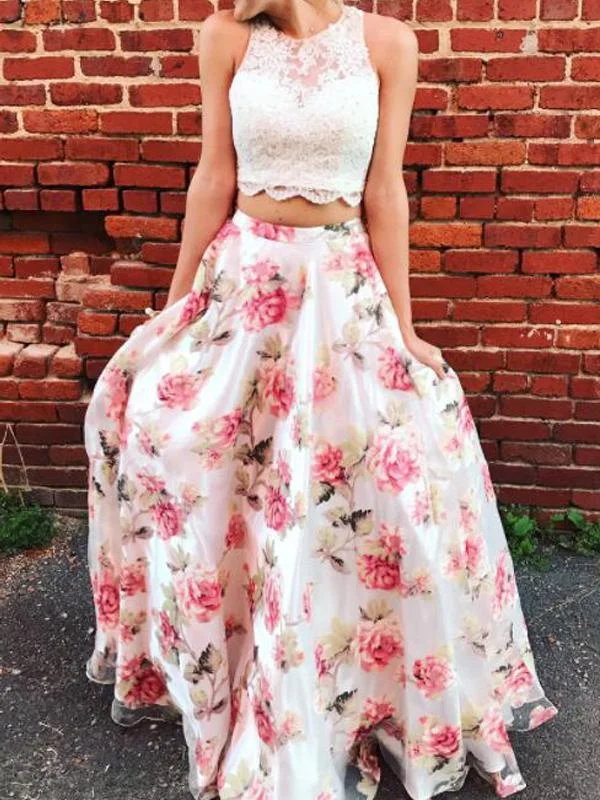 Super Deal Two Piece Prom Dresses Scoop Floral Print Floor-length Lace Prom Dress JKL882 Super Deal Two Piece Prom Dresses Scoop Floral Print Floor-length Lace Prom Dress JKL882