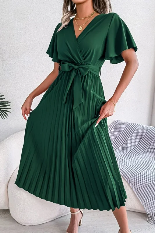 flowy evening dressPleated Flutter Sleeve Belted Dress