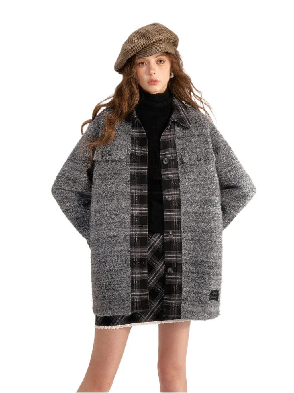 warm fleece jacketPlaid Patchwork Wool-Blend Coat