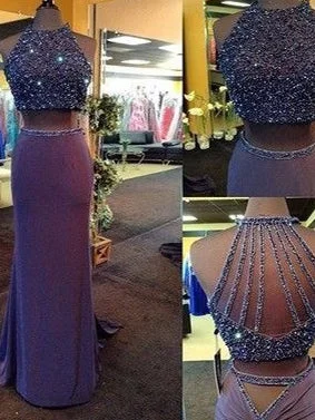 Discount Deals Sparkly Two Piece Prom Dresses Column Rhinestone Sweep Train Long Prom Dress JKL1070