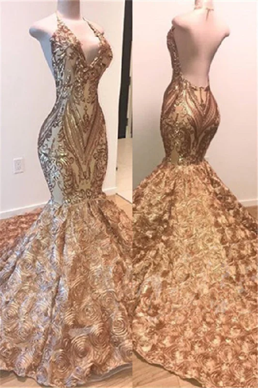 Special Price Gorgeous Gold Sequins Sleeveless Prom Party Gowns| Shiny Mermaid Evening Gowns With Flowers Bottom Special Price Gorgeous Gold Sequins Sleeveless Prom Party Gowns| Shiny Mermaid Evening Gowns With Flowers Bottom