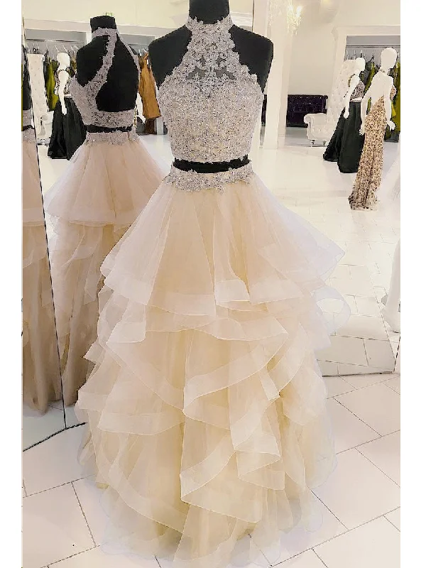 Overstock Two Piece Prom Dresses Halter A line Sexy Long Beautiful Prom Dress JKL823