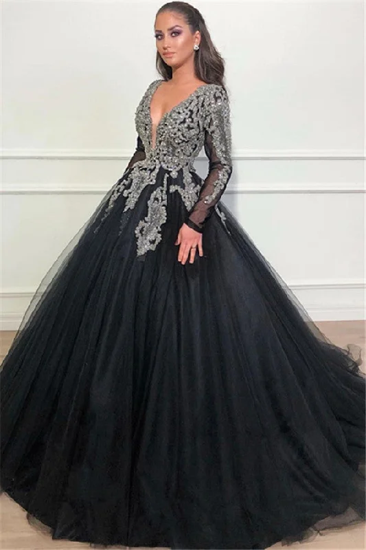 One-DAY Sale Black Ball Gown Deep V-Neck Long Sleevess Appliques Overskirt Evening Dresses One-DAY Sale Black Ball Gown Deep V-Neck Long Sleevess Appliques Overskirt Evening Dresses