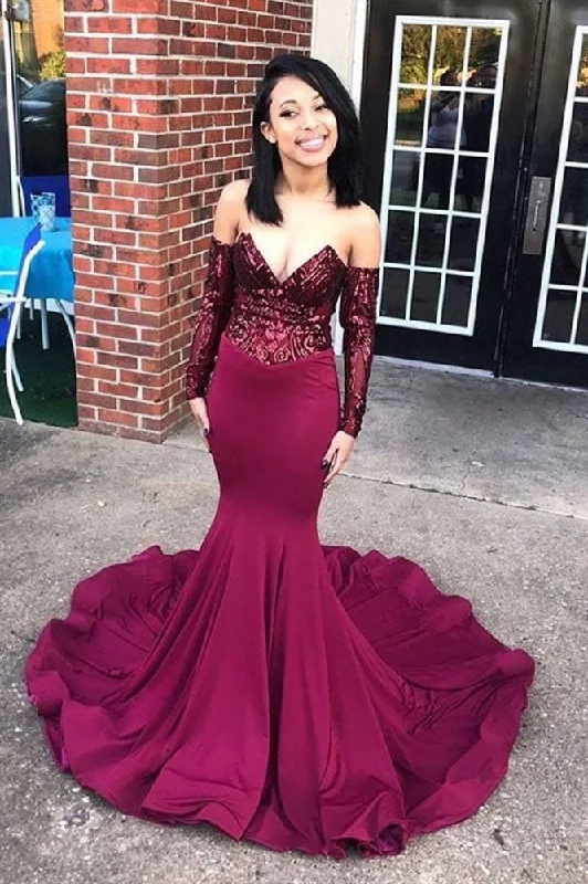 Limited Quantity Chic Off-the-Shoulder Appliques Prom Party Gowns| Chic V-neck Long Sleevess Prom Gown