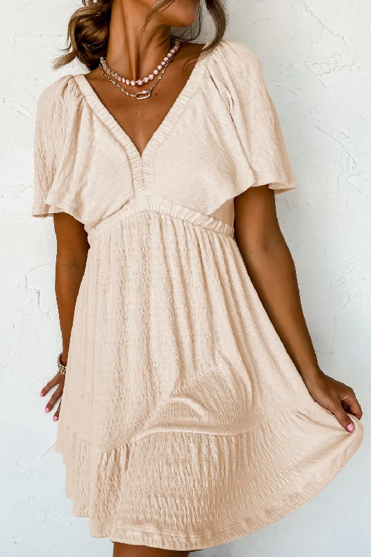 Value Deals Beige Textured Deep V Neck Cutout Back Mini Dress