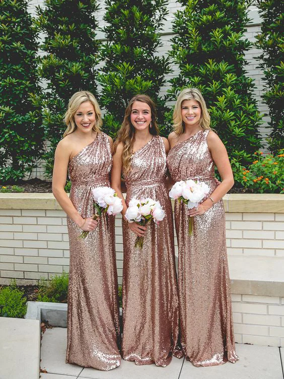 Price Meltdown Sparkly Bridesmaid Dresses Sequins Lace One Shoulder Navy Blue Rose Gold Bridesmaid Dresses JKB086