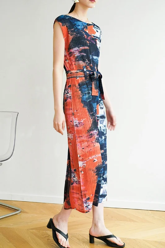 Weekend Deal trendy wrap dressSleeveless Side Slit Full Pleated Print Dress