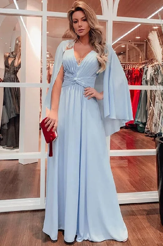 Seasonal Sale Unique Sky Blue Beaded V-neck Soft Pleats Long Evening Gowns with Shawl Seasonal Sale Unique Sky Blue Beaded V-neck Soft Pleats Long Evening Gowns with Shawl